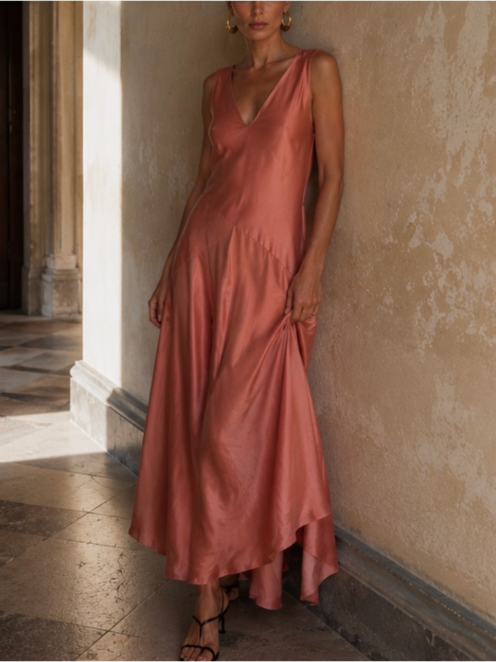 Theory Pink V-Neck Asymmetrical Drop Waist Maxi Dress